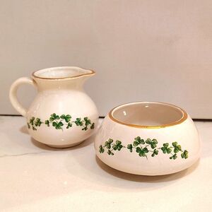 Carrigcraft County Cork Ireland  creamer sugar clover print white green gold rim